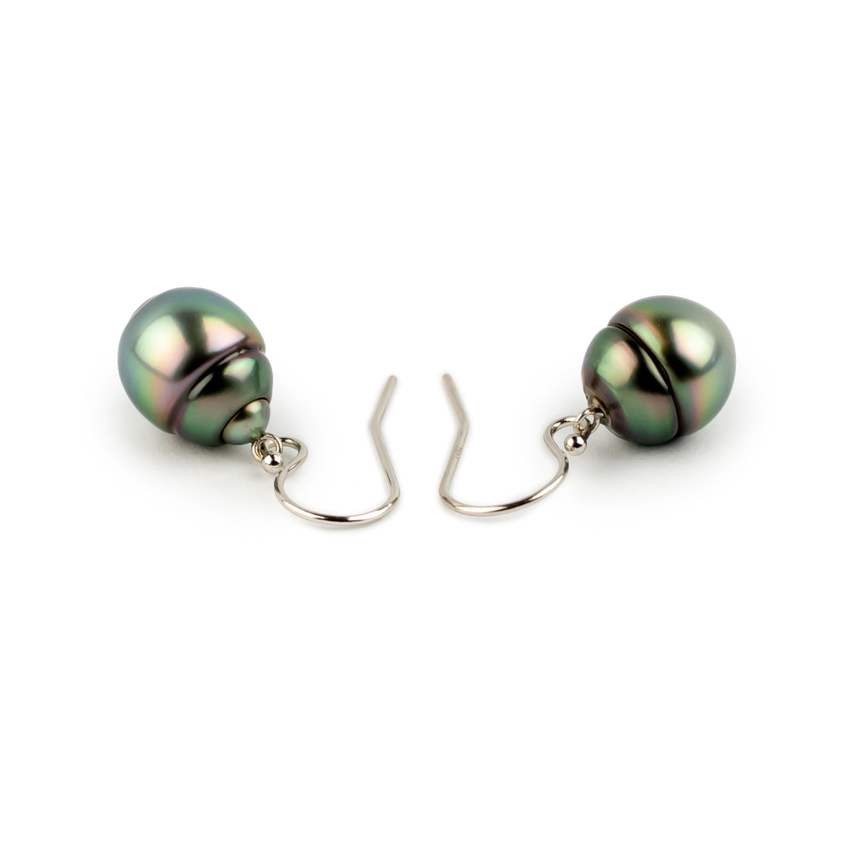 Green Rainbow Circled Tahitian Pearl Dangle Earrings on 14K White Gold