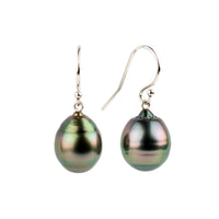 Aubergine Green Circled Tahitian Pearl Dangle Earrings on 14K White Gold