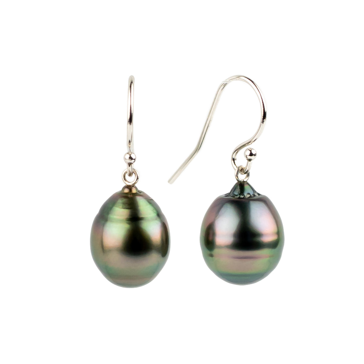 Aubergine Green Circled Tahitian Pearl Dangle Earrings on 14K White Gold