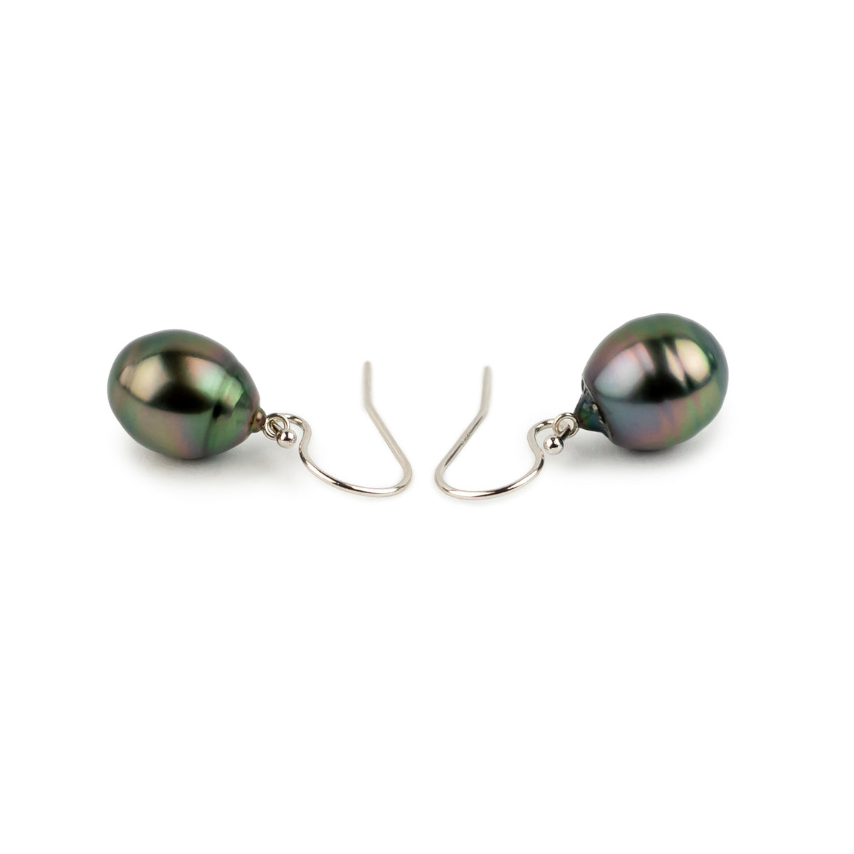 Aubergine Green Circled Tahitian Pearl Dangle Earrings on 14K White Gold