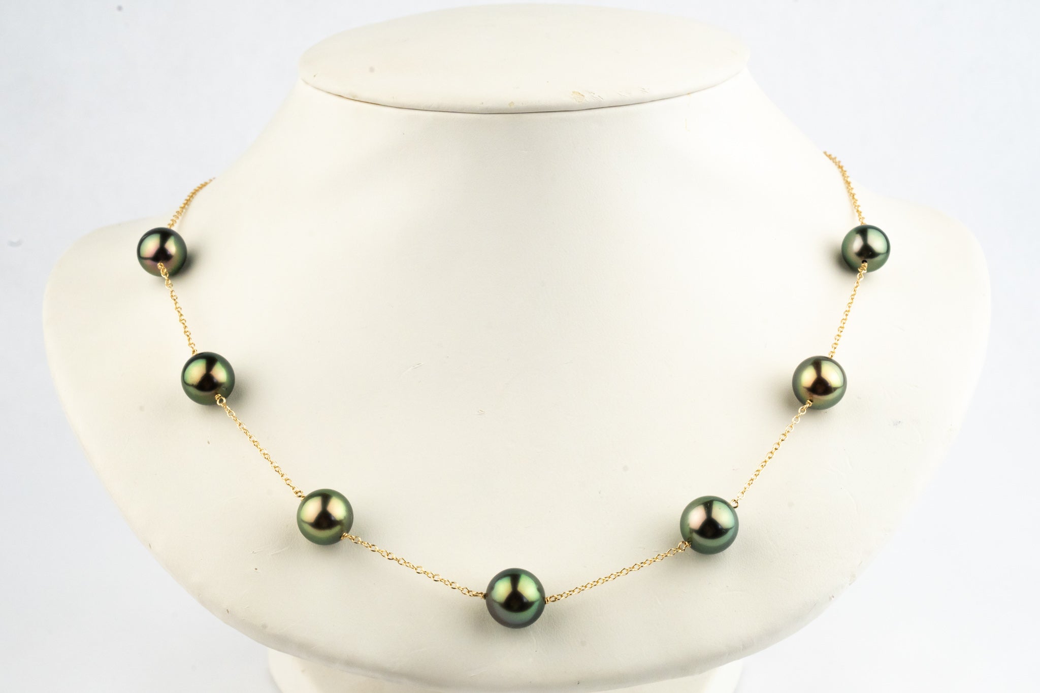 Golden Peacock Green Tin-Cup Tahitian Pearl Necklace on 14K Yellow Gold