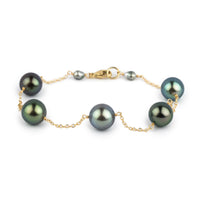 Blue Green Tahitian Pearl Tin Cup Bracelet on 14K Yellow Gold