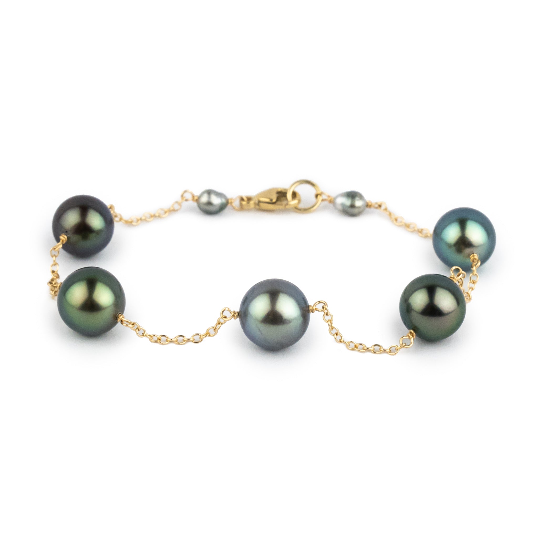 Blue Green Tahitian Pearl Tin Cup Bracelet on 14K Yellow Gold