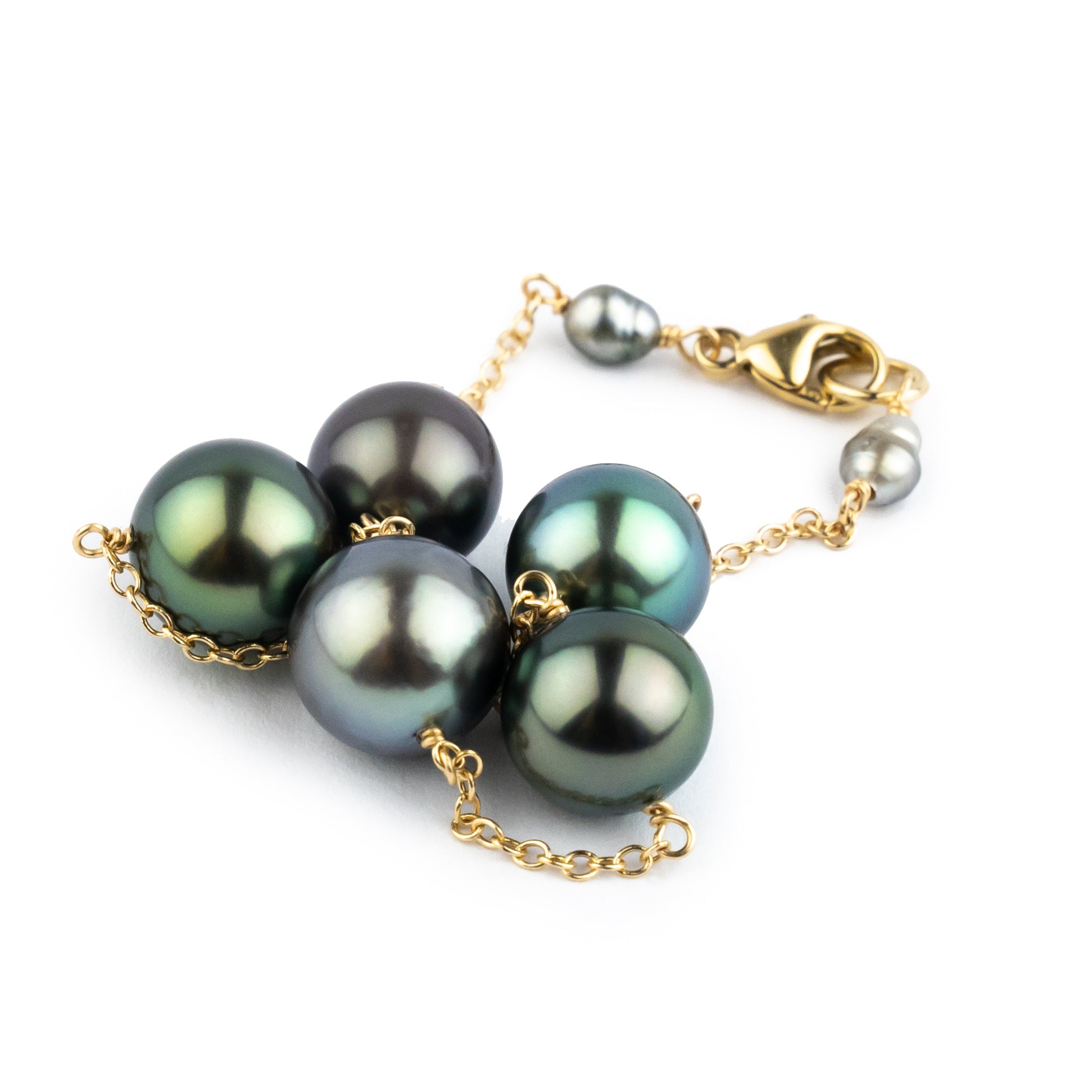 Blue Green Tahitian Pearl Tin Cup Bracelet on 14K Yellow Gold