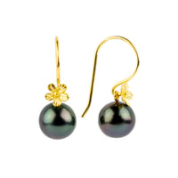 Night Sky Tahitian Pearl Hibiscus Hook Earrings