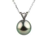 Light Pink Green Tahitian Pearl & Diamond Hoa Necklace on 14K White Gold