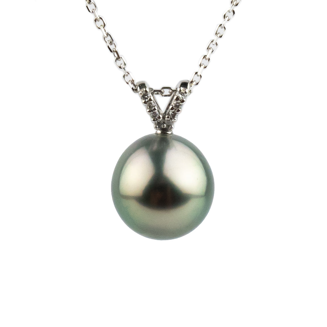 Light Pink Green Tahitian Pearl & Diamond Hoa Necklace on 14K White Gold