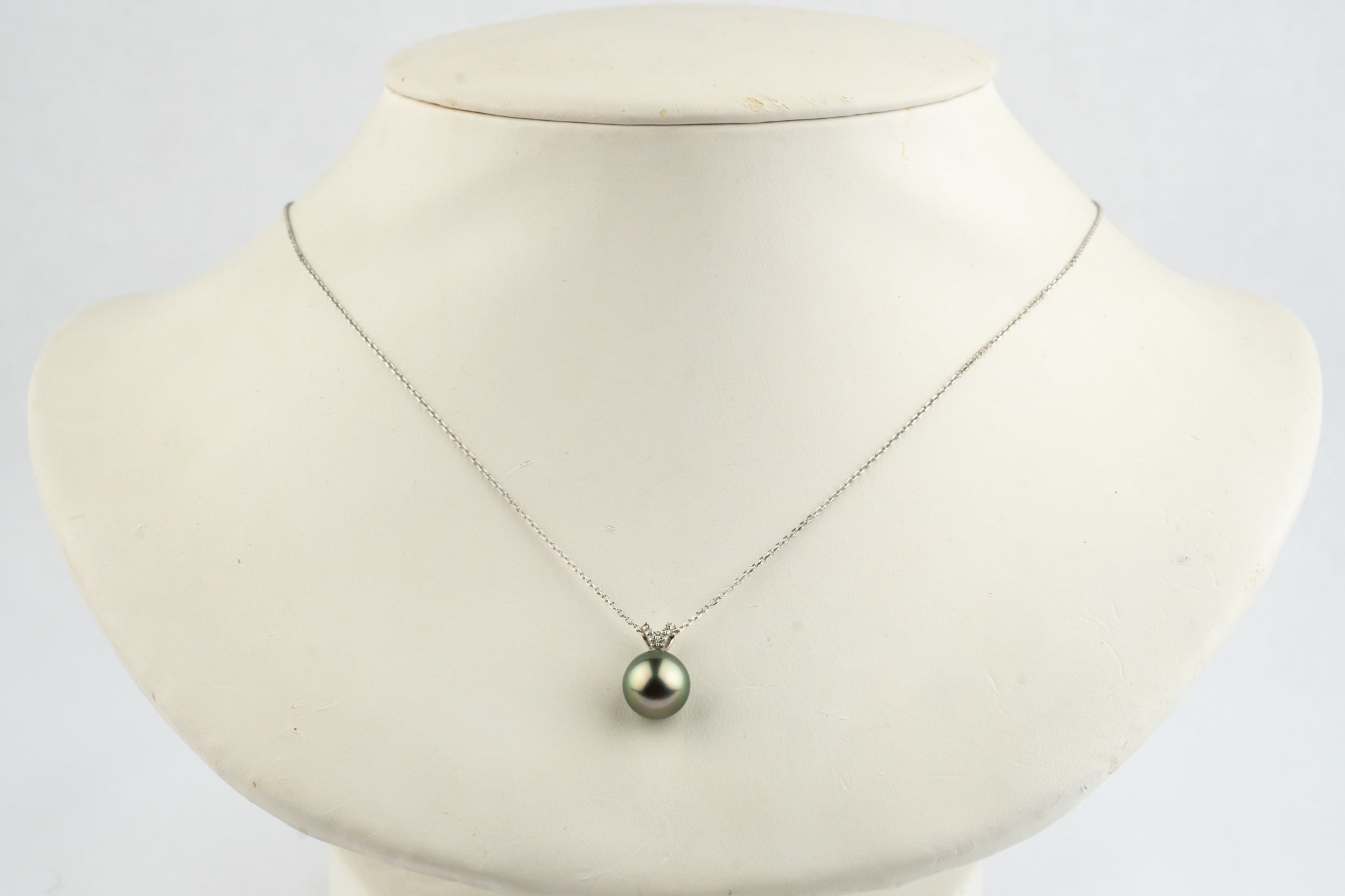 Light Pink Green Tahitian Pearl & Diamond Hoa Necklace on 14K White Gold