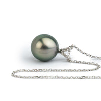 Light Pink Green Tahitian Pearl & Diamond Hoa Necklace on 14K White Gold