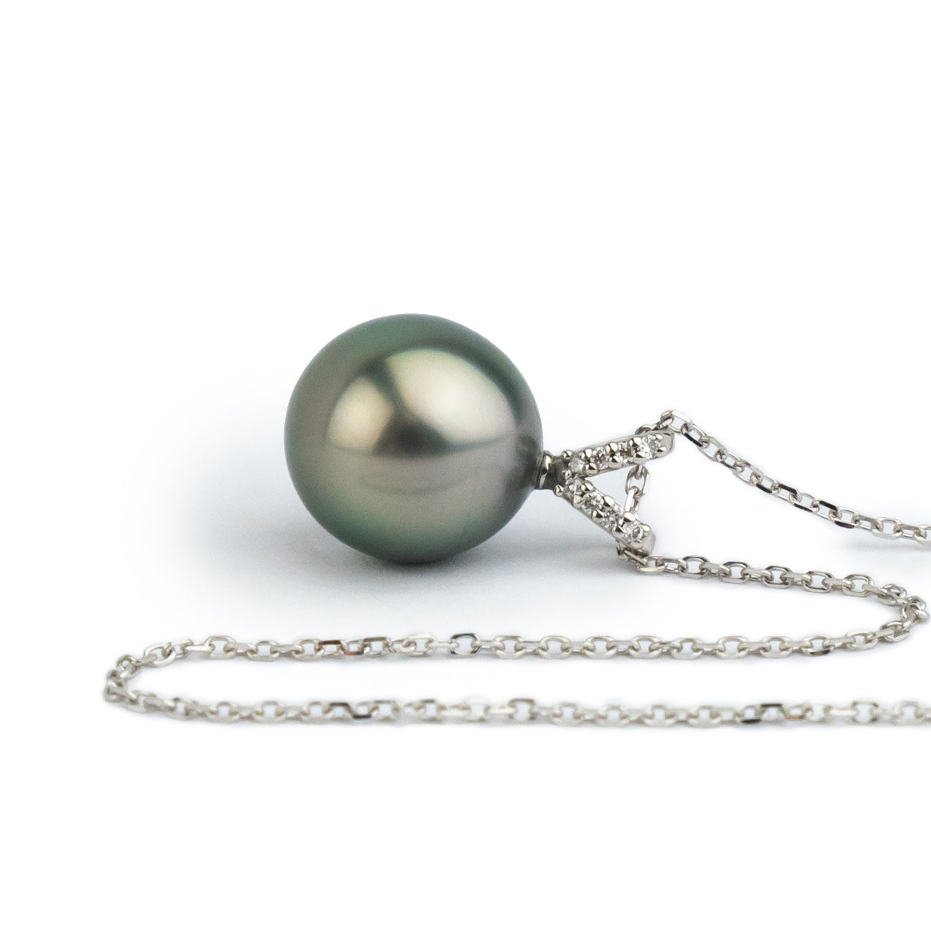 Light Pink Green Tahitian Pearl & Diamond Hoa Necklace on 14K White Gold