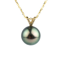 Peacock Green Tahitian Pearl & Diamond Hoa Necklace on 14K Yellow Gold