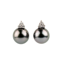 Stormy Purple Green Tahitian Pearl & Diamond Toru Earrings on 14K White Gold
