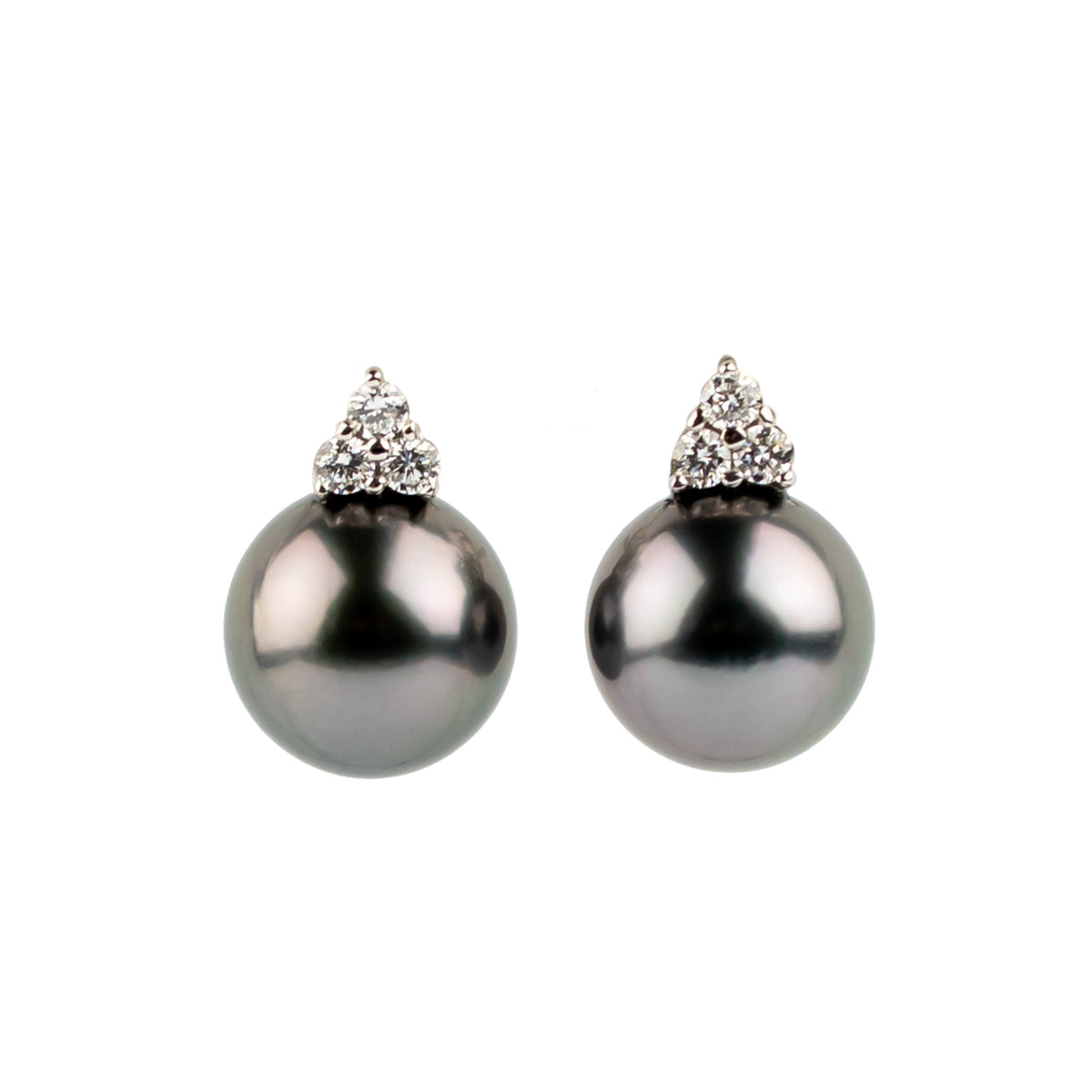 Stormy Purple Green Tahitian Pearl & Diamond Toru Earrings on 14K White Gold