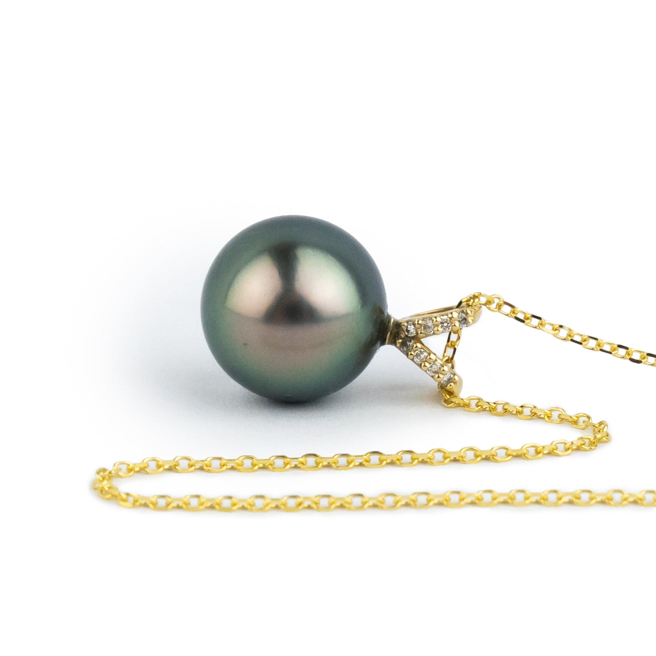 Peacock Green Tahitian Pearl & Diamond Hoa Necklace on 14K Yellow Gold