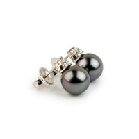 Stormy Purple Green Tahitian Pearl & Diamond Toru Earrings on 14K White Gold