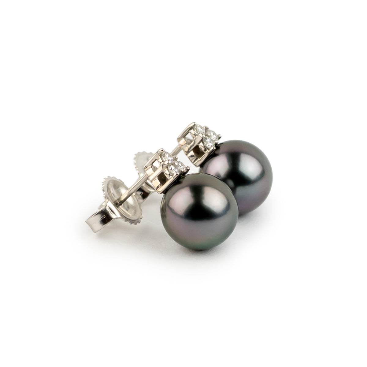 Stormy Purple Green Tahitian Pearl & Diamond Toru Earrings on 14K White Gold
