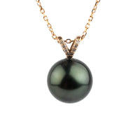 Deep Green Tahitian Pearl & Diamond Hoa Necklace on 14K Rose Gold