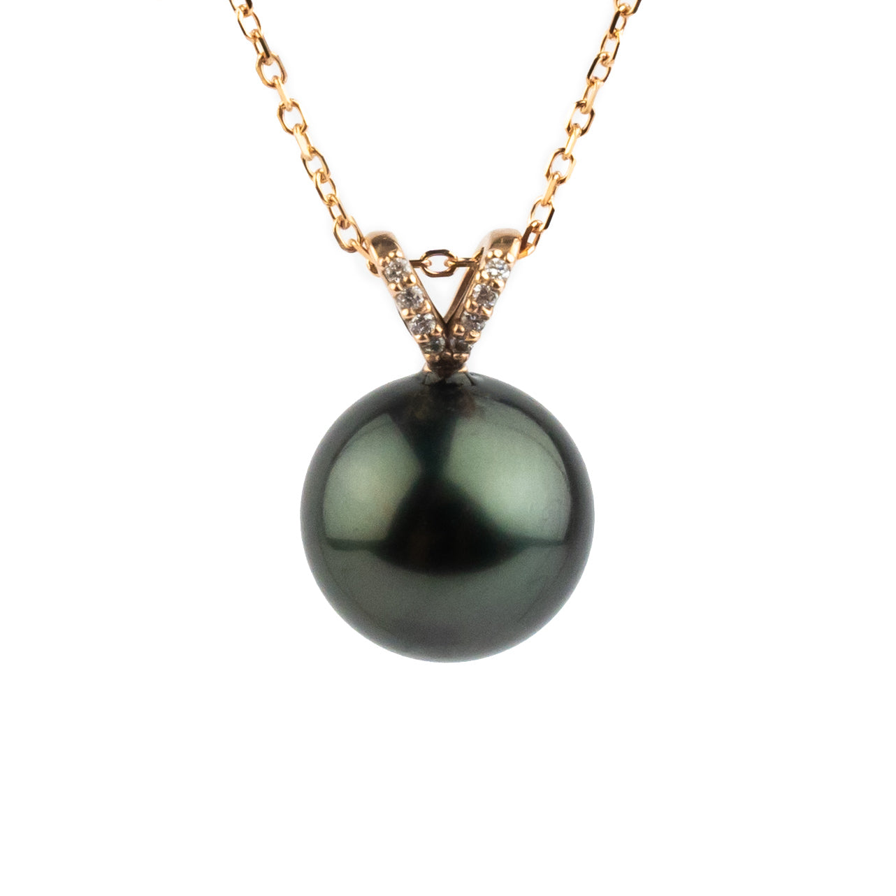 Deep Green Tahitian Pearl & Diamond Hoa Necklace on 14K Rose Gold