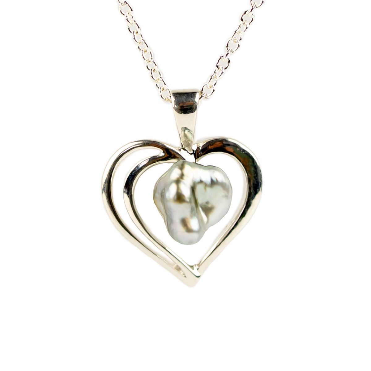 Silver Heart Tahitian Keshi Pearl Necklace