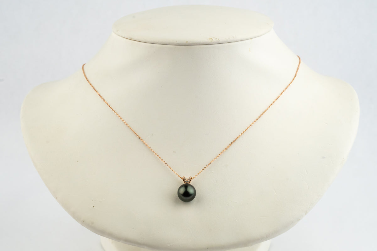 Deep Green Tahitian Pearl & Diamond Hoa Necklace on 14K Rose Gold