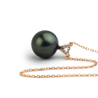 Deep Green Tahitian Pearl & Diamond Hoa Necklace on 14K Rose Gold