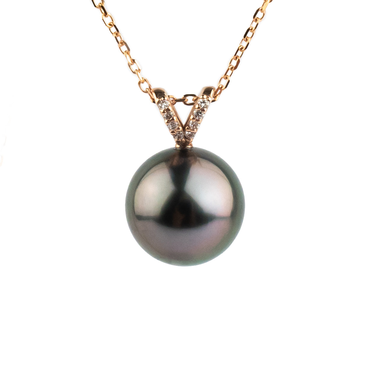 Aubergine Green Tahitian Pearl & Diamond Hoa Necklace on 14K Rose Gold