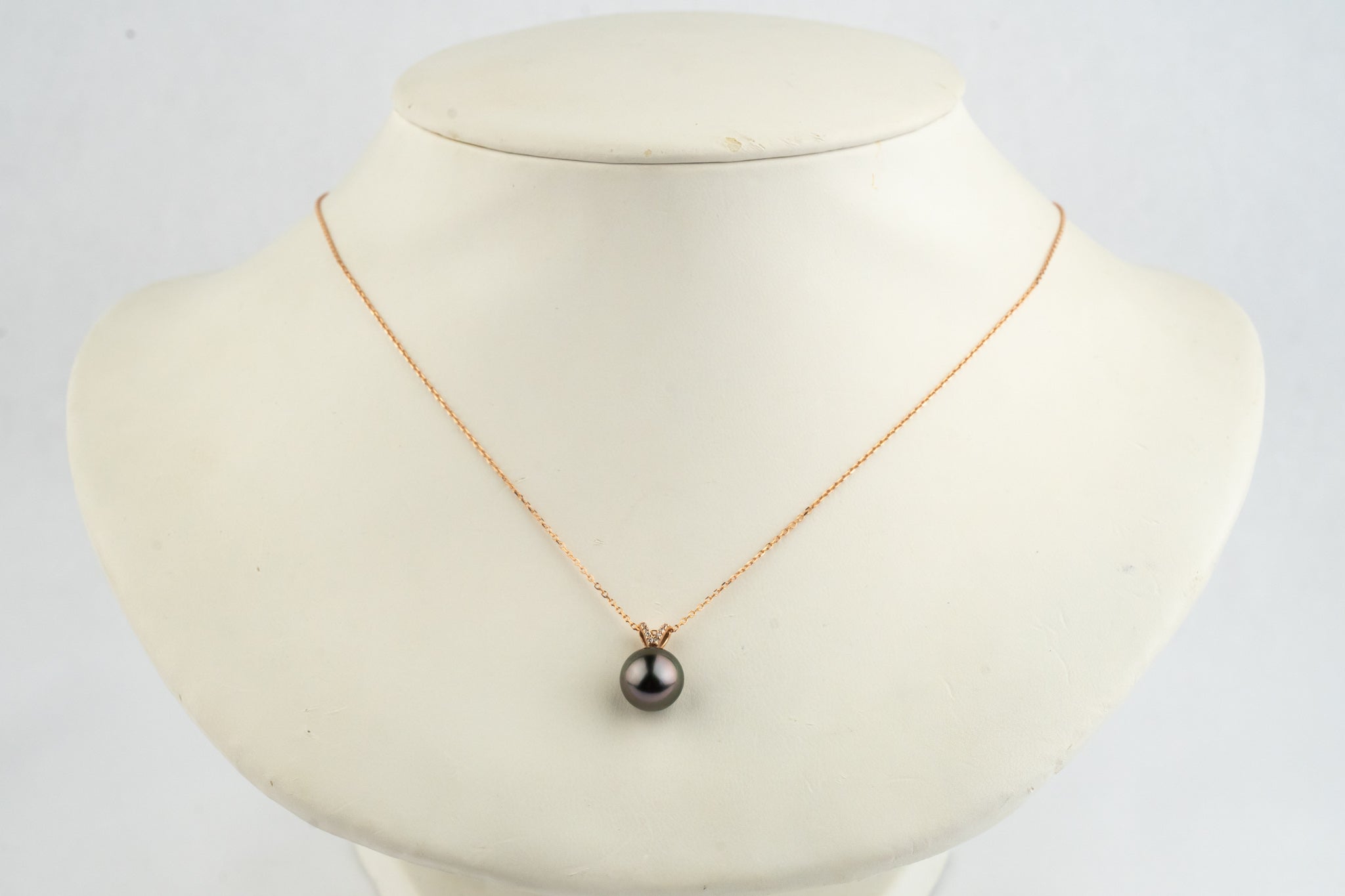 Aubergine Green Tahitian Pearl & Diamond Hoa Necklace on 14K Rose Gold
