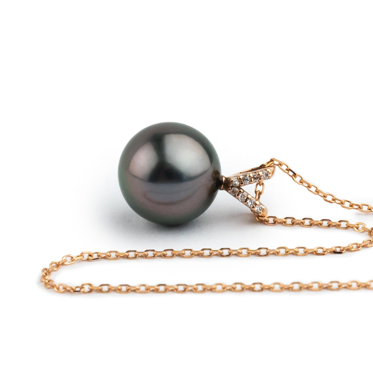Aubergine Green Tahitian Pearl & Diamond Hoa Necklace on 14K Rose Gold