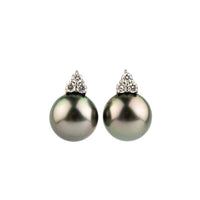 Golden Pink Green Tahitian Pearl & Diamond Toru Earrings on 14K White Gold