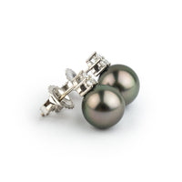Golden Pink Green Tahitian Pearl & Diamond Toru Earrings on 14K White Gold