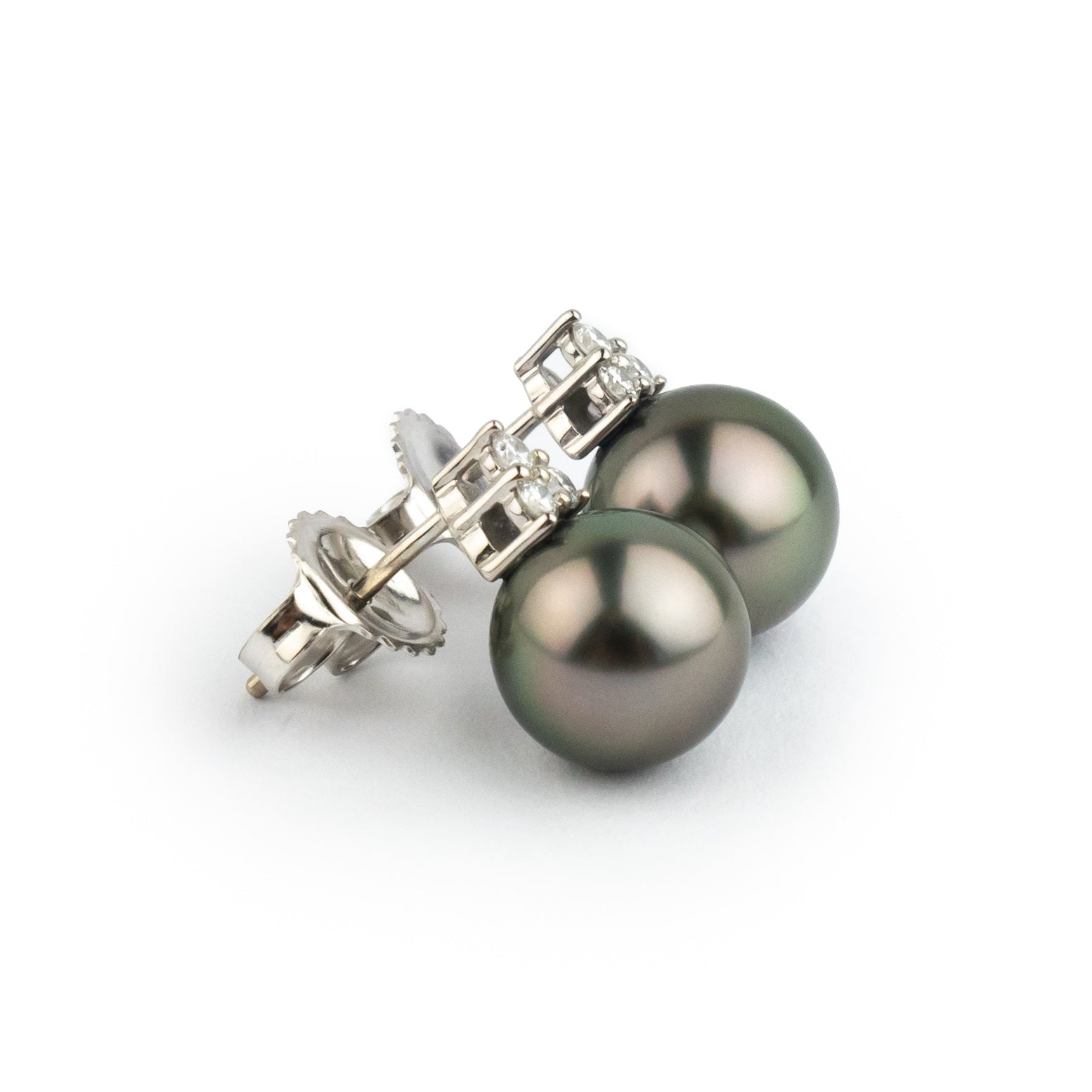 Golden Pink Green Tahitian Pearl & Diamond Toru Earrings on 14K White Gold