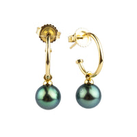 Deep Aqua Tahitian Pearl Hoop Earrings on 14K Yellow Gold
