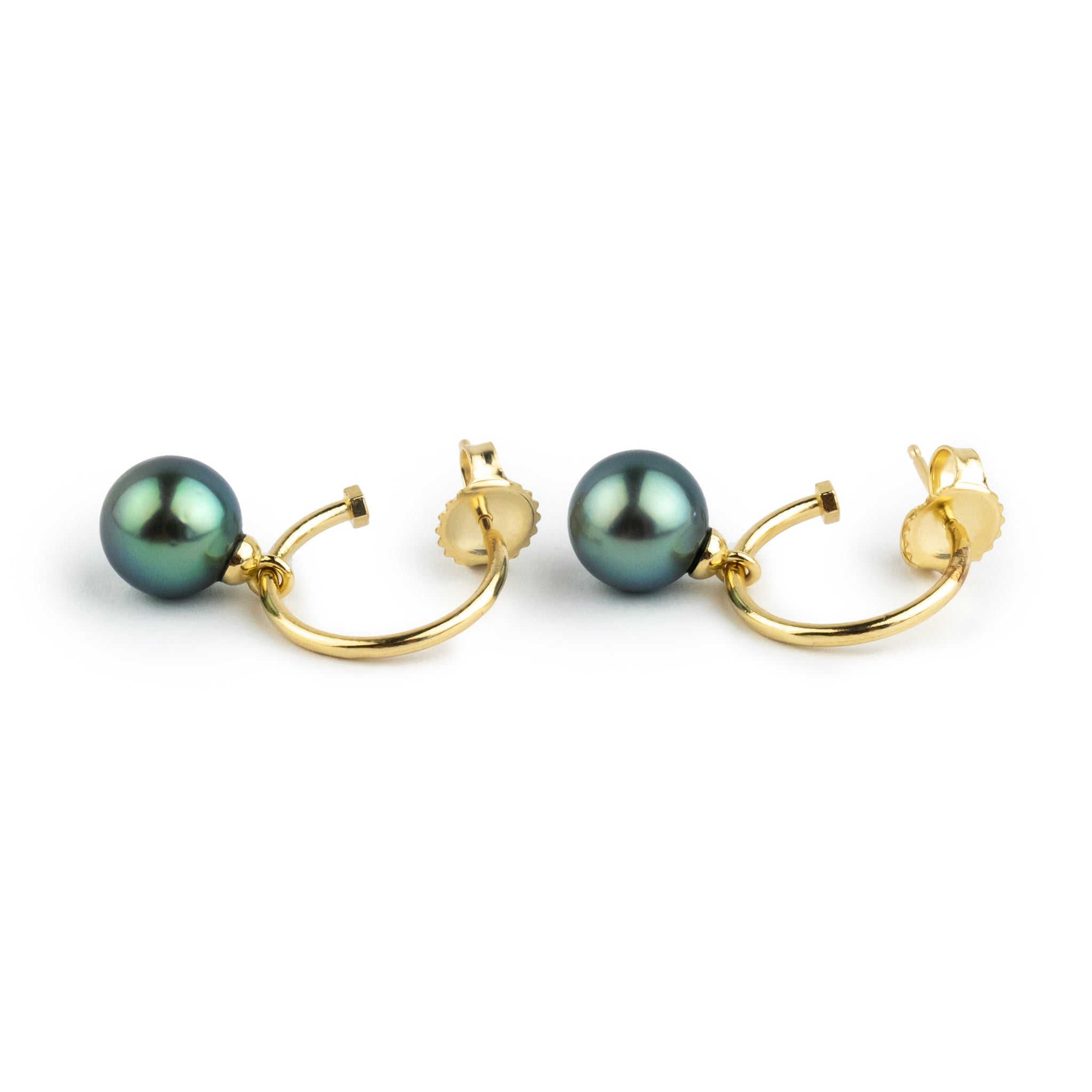 Deep Aqua Tahitian Pearl Hoop Earrings on 14K Yellow Gold
