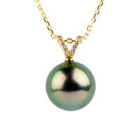 Peacock Green Tahitian Pearl & Diamond Hoa Necklace on 14K Yellow Gold
