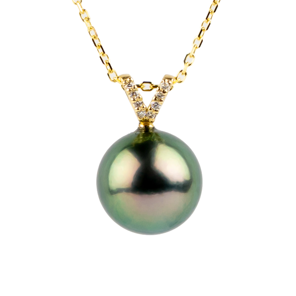 Peacock Green Tahitian Pearl & Diamond Hoa Necklace on 14K Yellow Gold