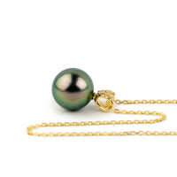 Peacock Green Tahitian Pearl & Diamond Hoa Necklace on 14K Yellow Gold