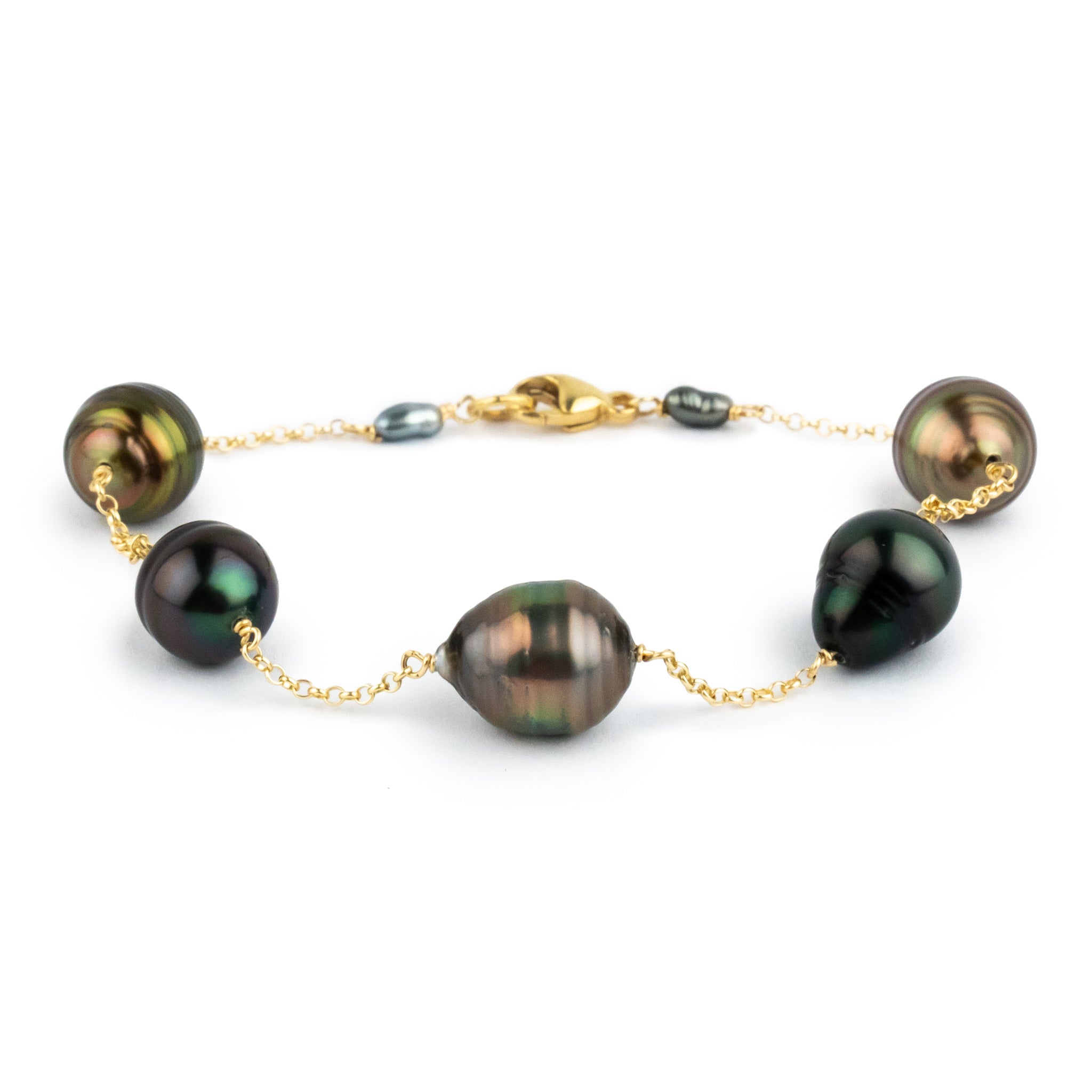 Coppery Green Circled Tin-Cup Tahitian Pearl Bracelet on 14/20 Gold Filled