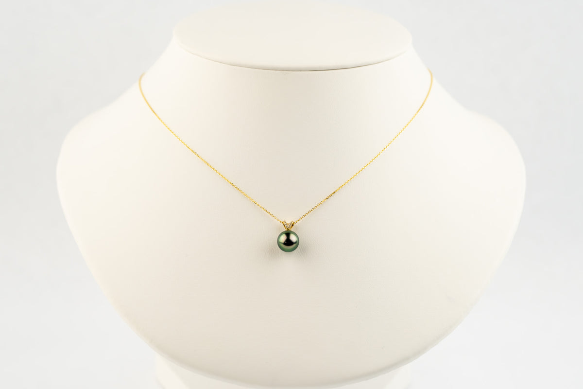Peacock Green Tahitian Pearl & Diamond Hoa Necklace on 14K Yellow Gold
