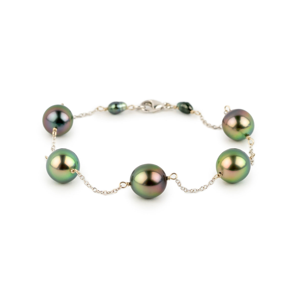 Rainforest Sunset Tahitian Pearl Tin Cup Bracelet on 14k White Gold