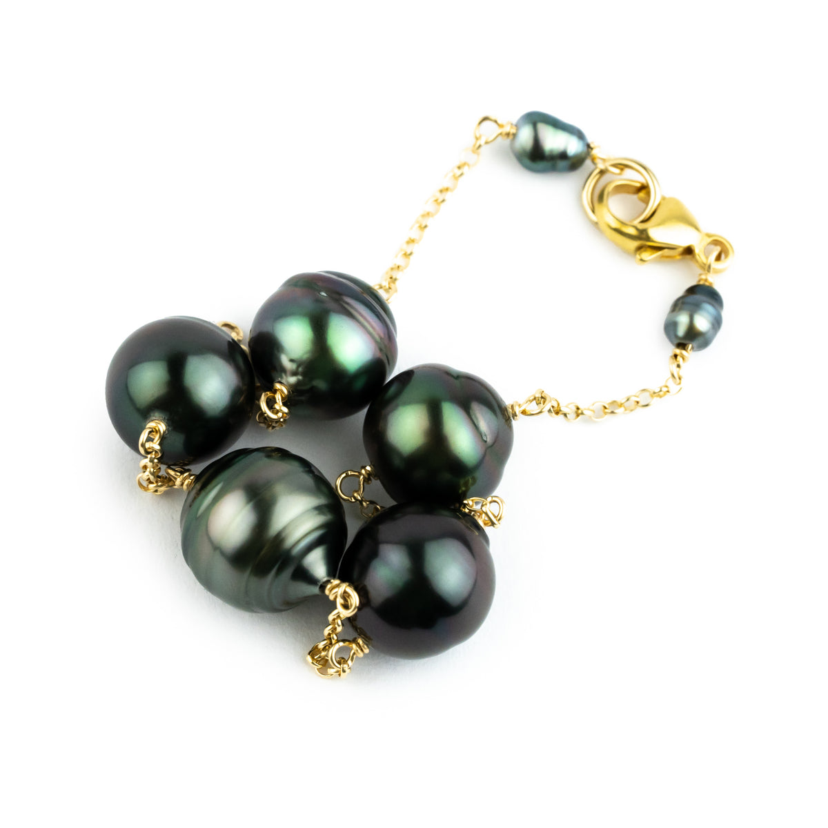 Deep Purple Green Circled Tin-Cup Tahitian Pearl Bracelet on 14/20 Gold Filled