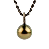 Coppery Green 10.9mm Tahitian Pearl Argent Necklace on Sterling Silver