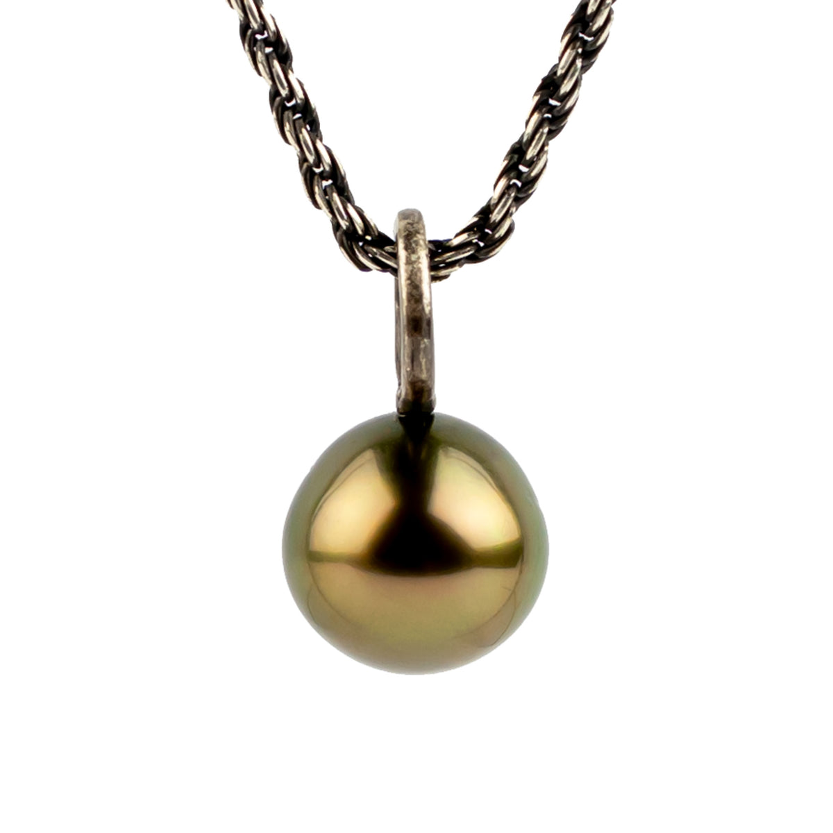 Coppery Green 10.9mm Tahitian Pearl Argent Necklace on Sterling Silver