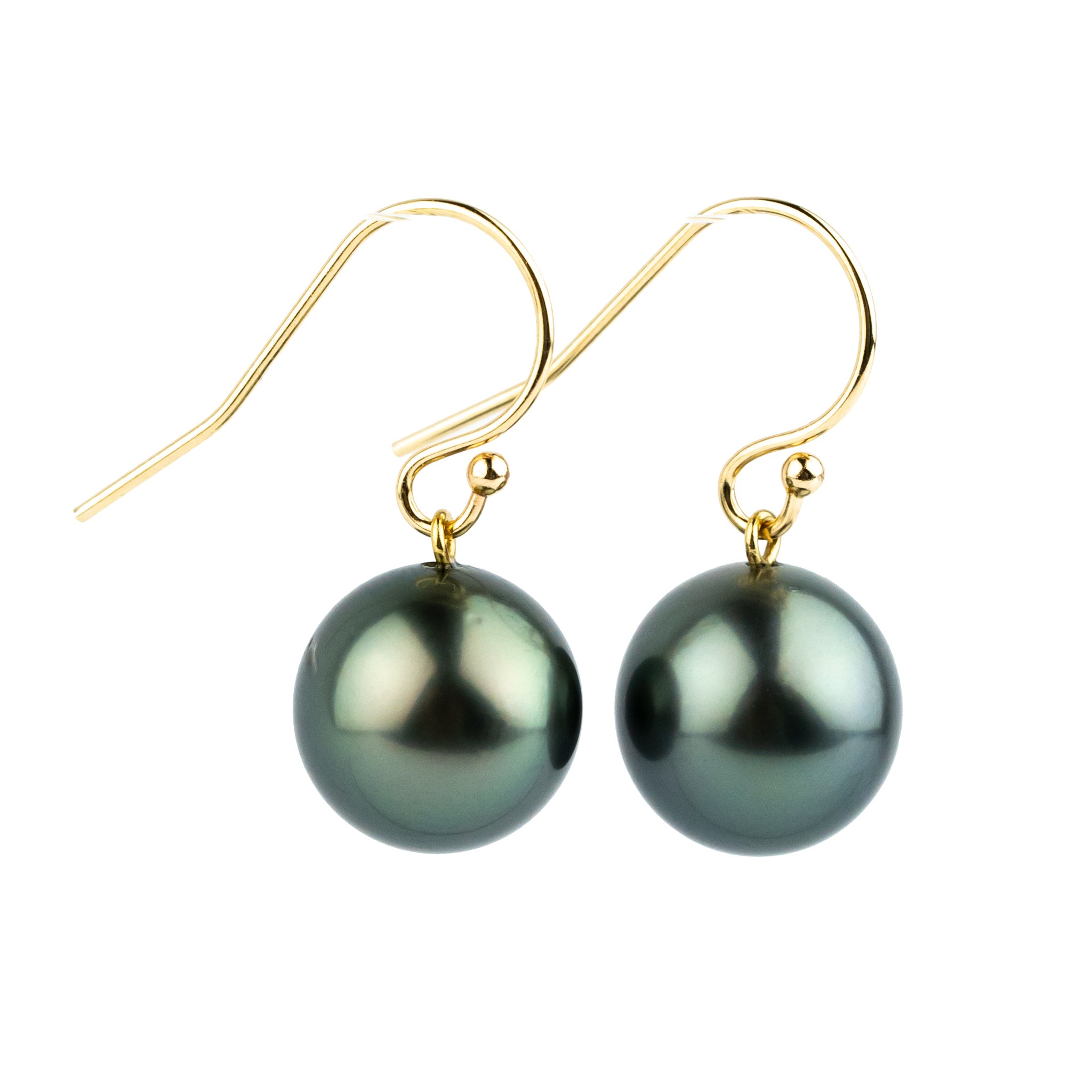 Indigo Green Tahitian Pearl Dangle Earrings on 14K Yellow Gold