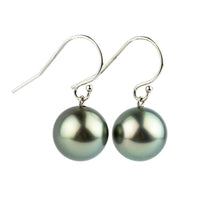 Silvery Blue Green Tahitian Pearl Dangle Earrings on 14K White Gold