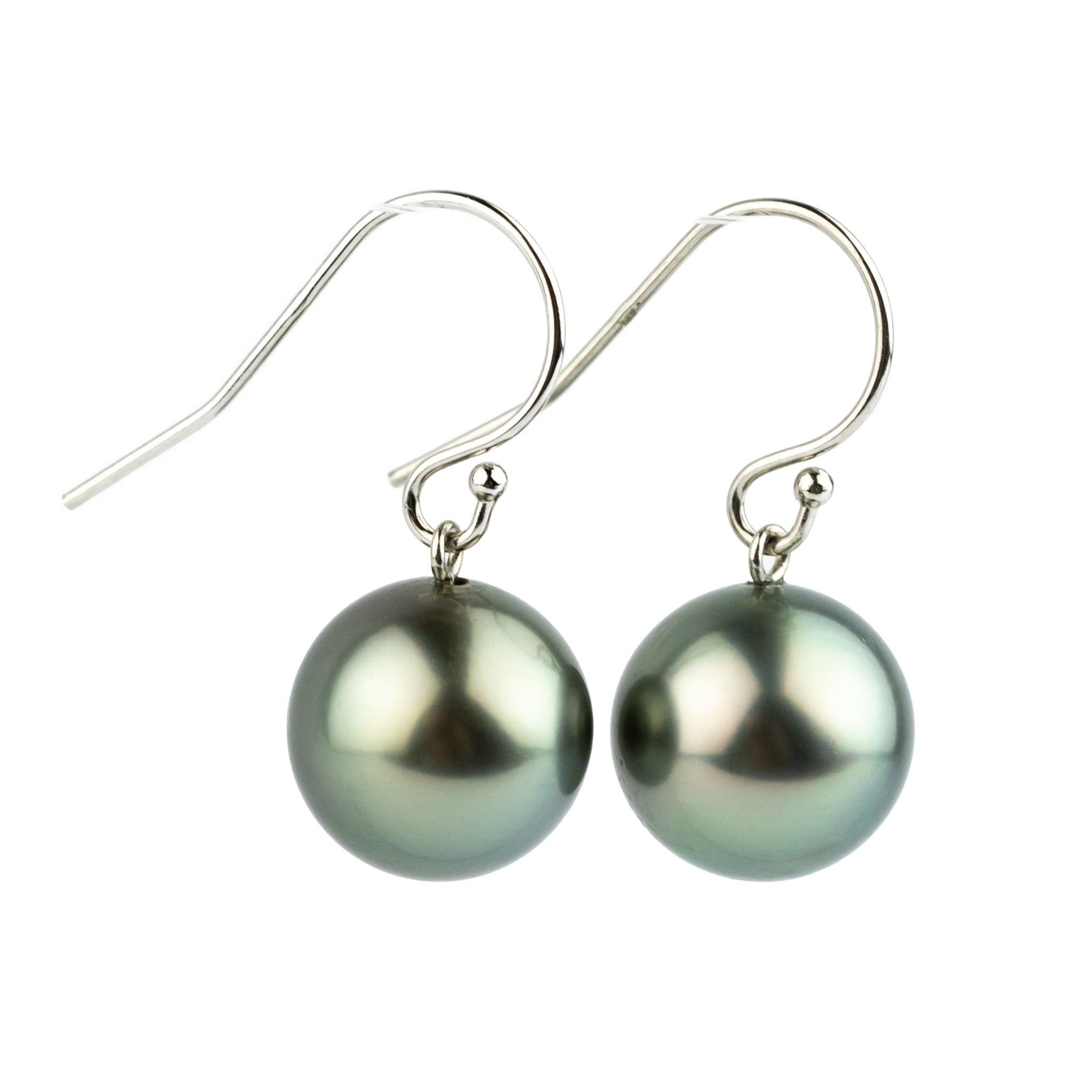 Silvery Blue Green Tahitian Pearl Dangle Earrings on 14K White Gold