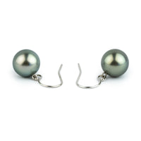 Silvery Blue Green Tahitian Pearl Dangle Earrings on 14K White Gold