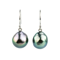 Pink Peacock Baroque Drop Tahitian Pearl Dangle Earrings on 14K White Gold