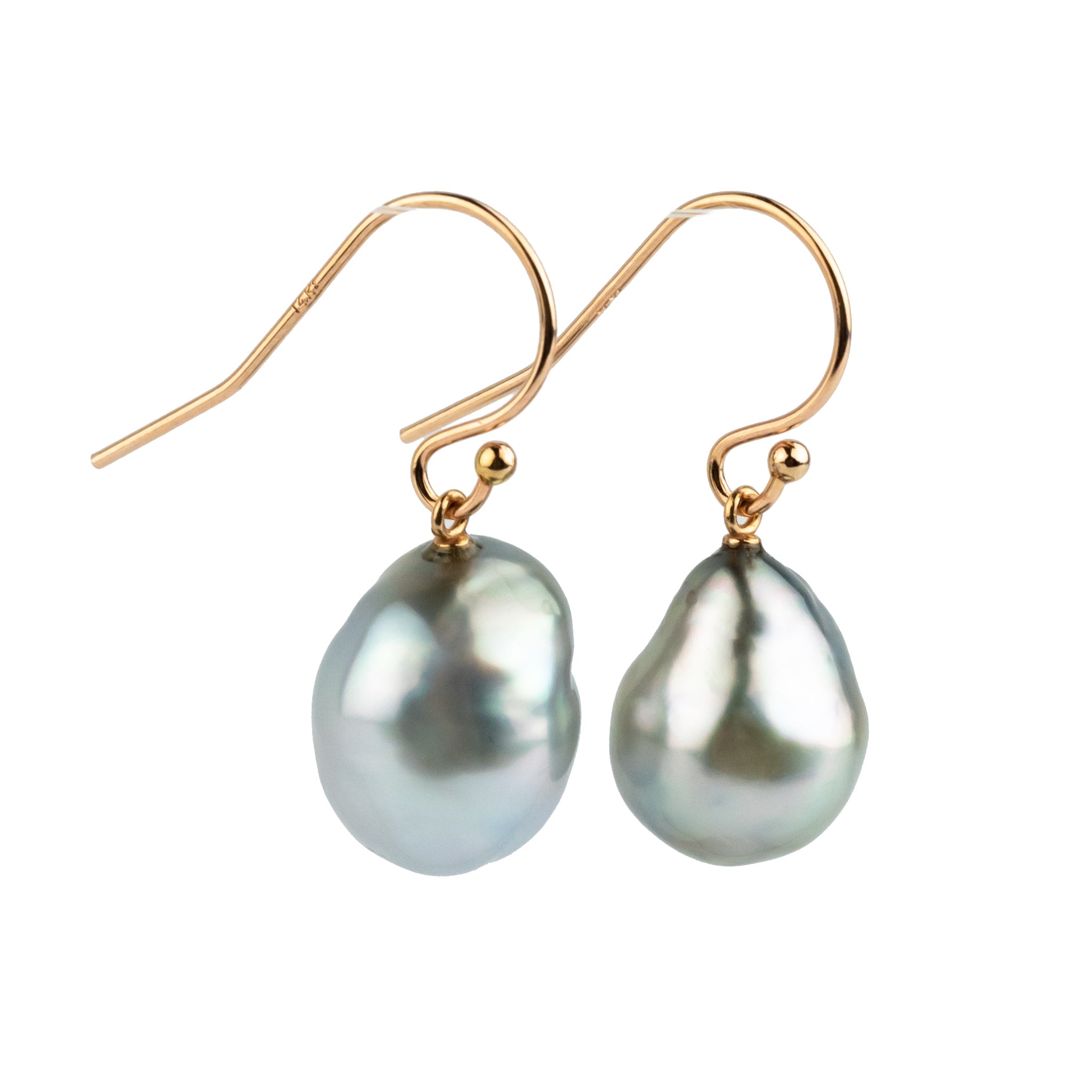 Silvery Pastel Baroque Tahitian Pearl Dangle Earrings on 14K Rose Gold