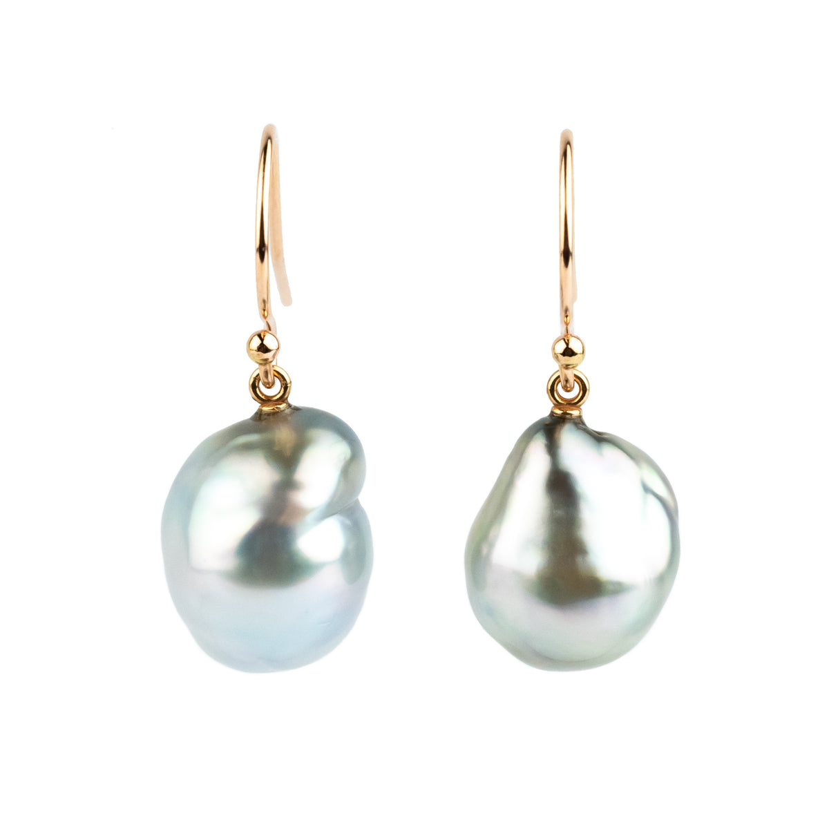 Silvery Pastel Baroque Tahitian Pearl Dangle Earrings on 14K Rose Gold
