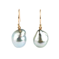 Silvery Pastel Baroque Tahitian Pearl Dangle Earrings on 14K Rose Gold